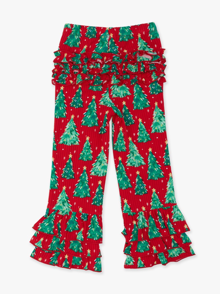 Line drawing of O Christmas Tree Flare Pants, with Signature Rear Ruffles. A dotted circle indicates the approximate location for personalization.