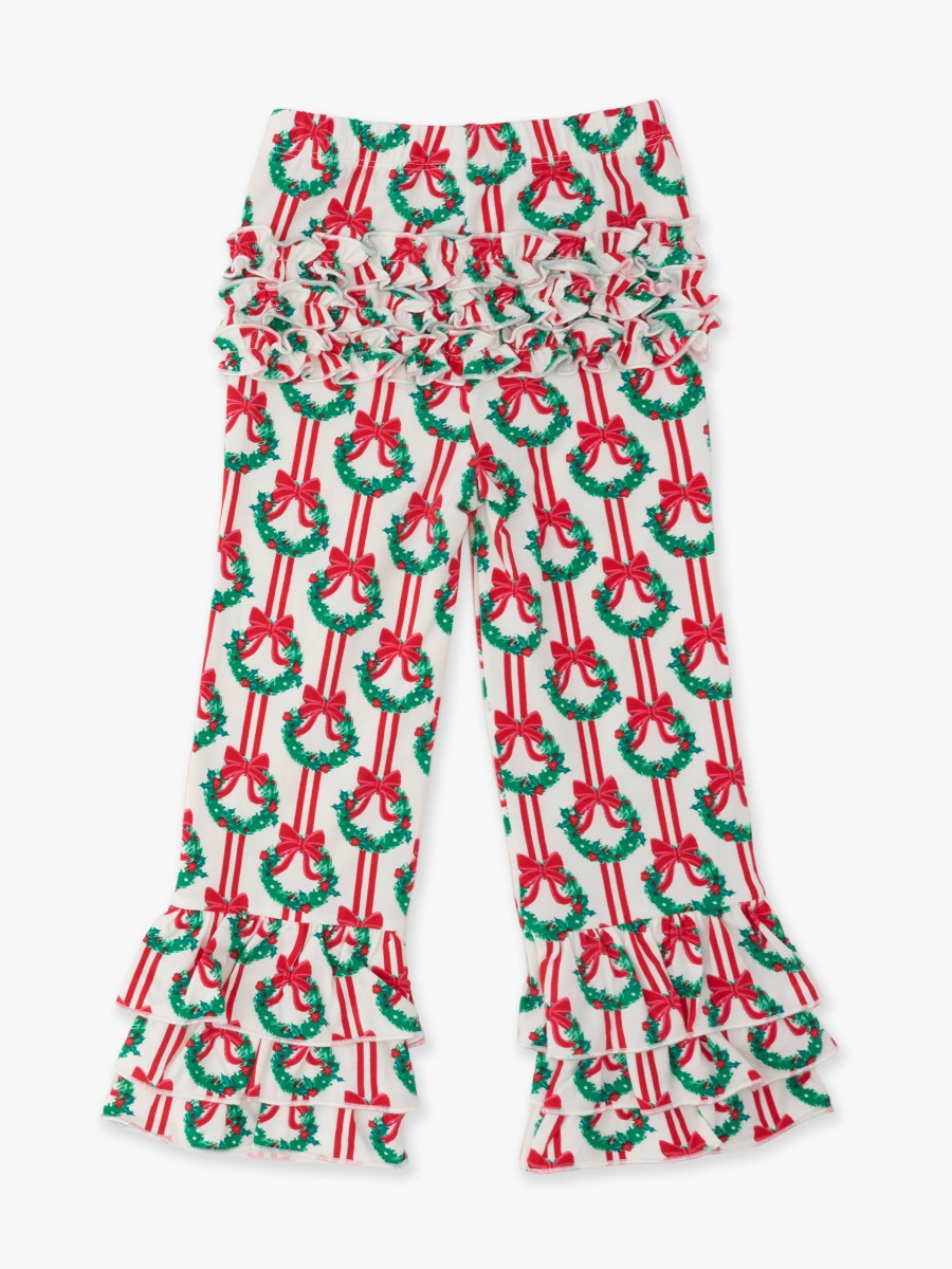 Line drawing of Deck The Halls Flare Pants, with Signature Rear Ruffles. A dotted circle indicates the approximate location for personalization.