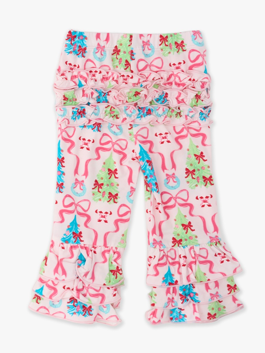 Line drawing of Merry & Bright Bows Flare Pants, with Signature Rear Ruffles. A dotted circle indicates the approximate location for personalization.