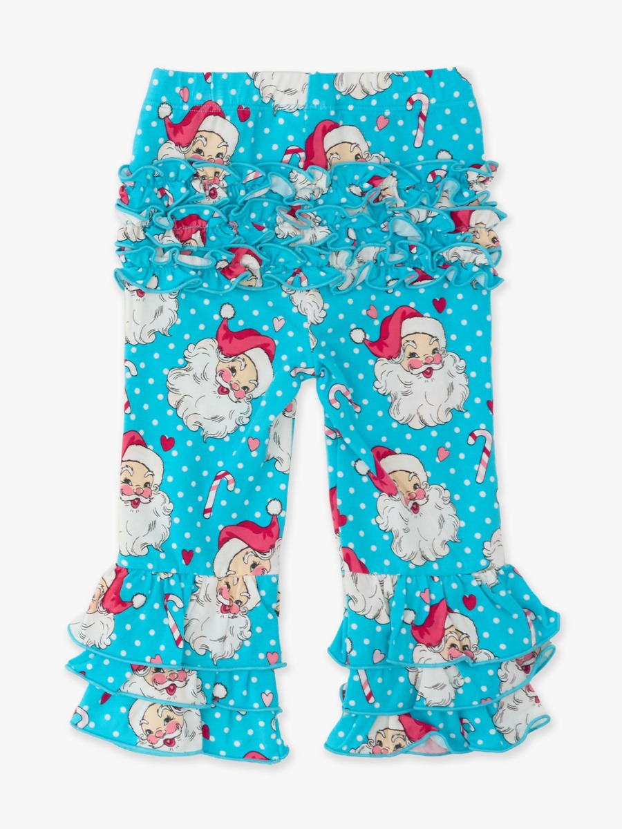 Line drawing of Blue Dots Santa Joy Flare Pants, with Signature Rear Ruffles. A dotted circle indicates the approximate location for personalization.