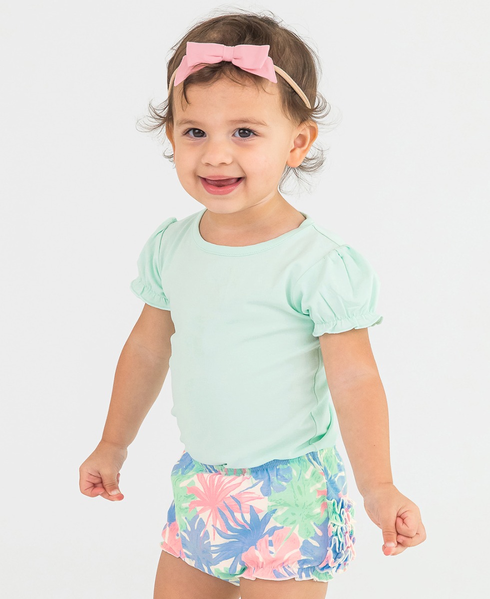 Mint Puff Short Sleeve Bodysuit & Pastel Palms RuffleButt Set