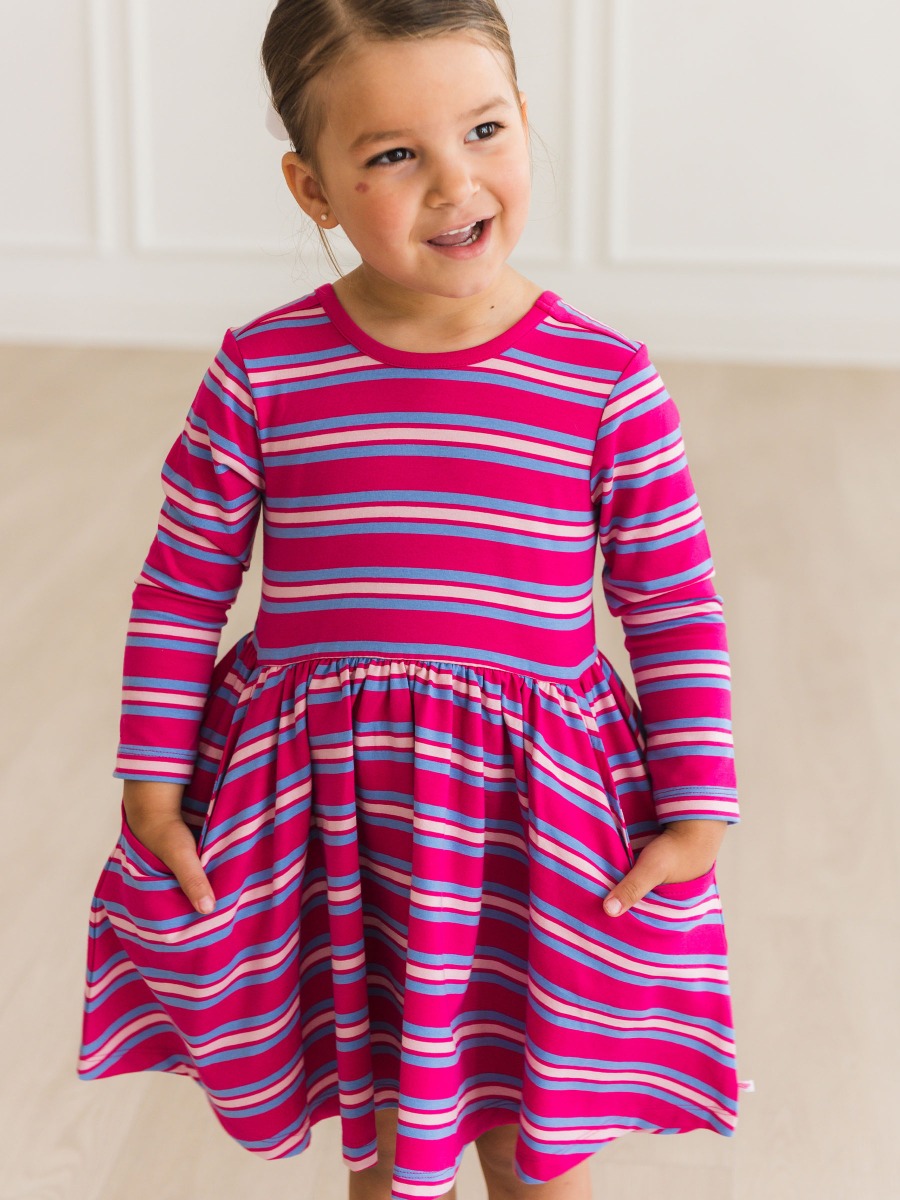 Very Berry & Periwinkle Blue Stripe Knit Long Sleeve Twirl Dress