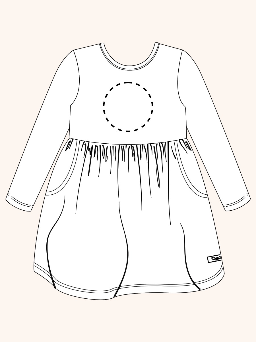 Line drawing of Classic Leopard Knit Long Sleeve Twirl Dress. A dotted circle indicates the approximate location for personalization.