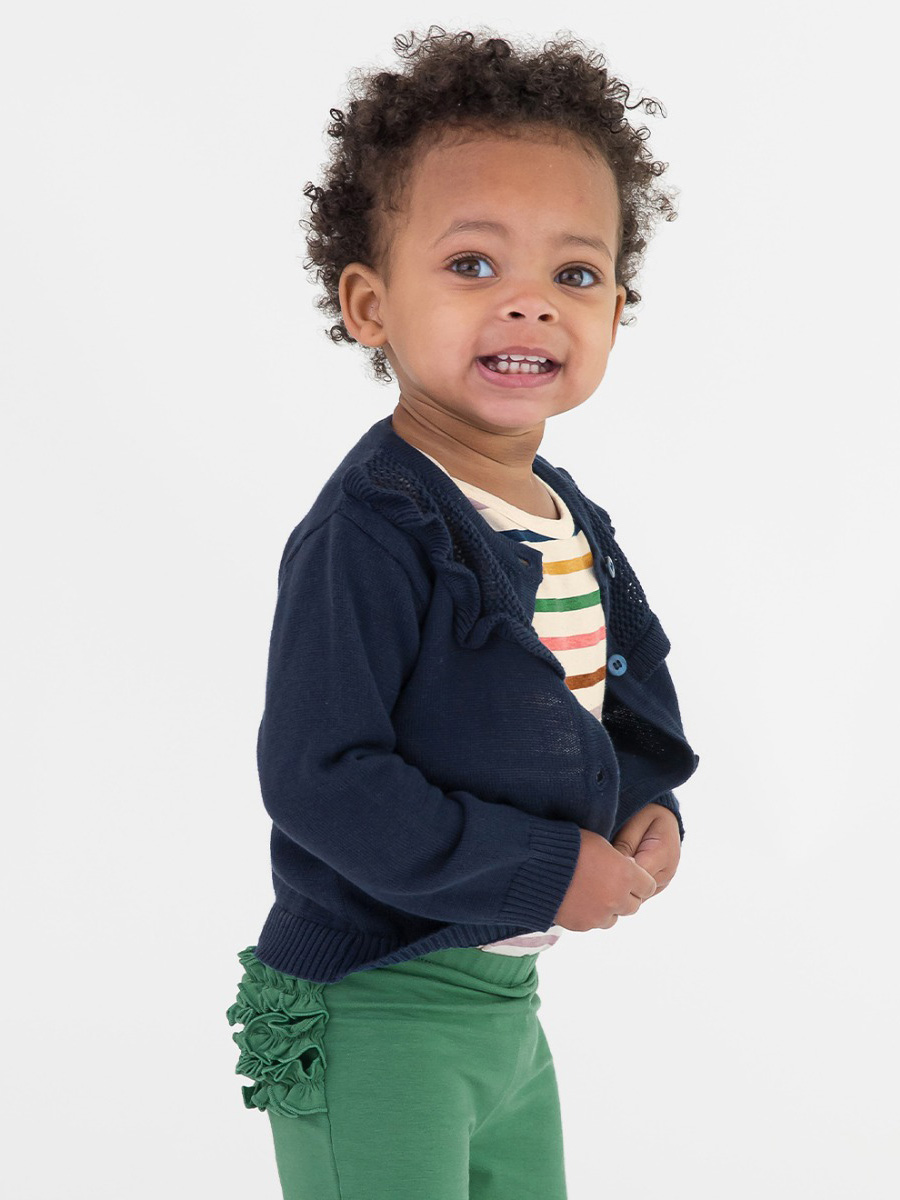 Dark Navy Sweater Knit Ruffle Trim Cardigan