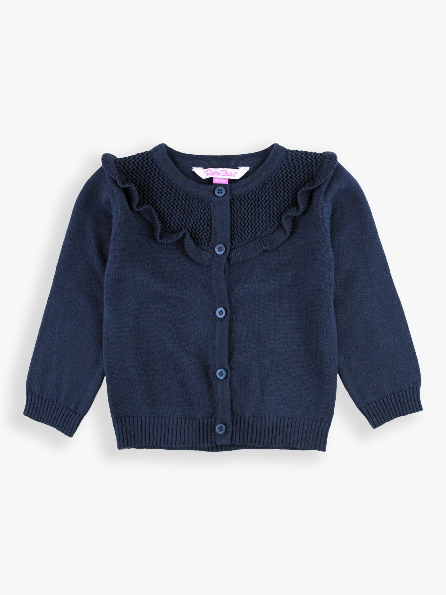 Dark Navy Sweater Knit Ruffle Trim Cardigan - 6-12m