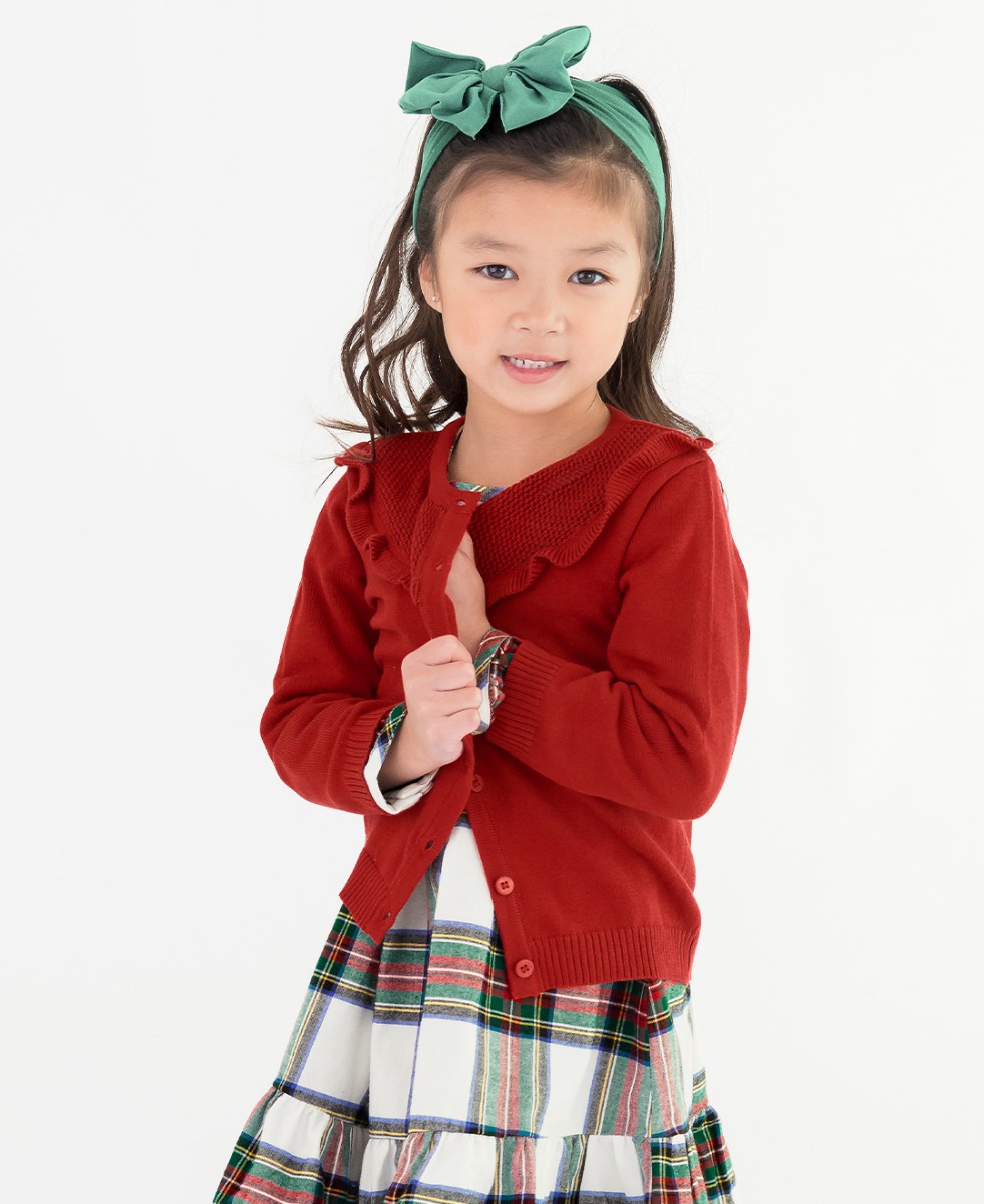 Classic Red Sweater Knit Ruffle Trim Cardigan