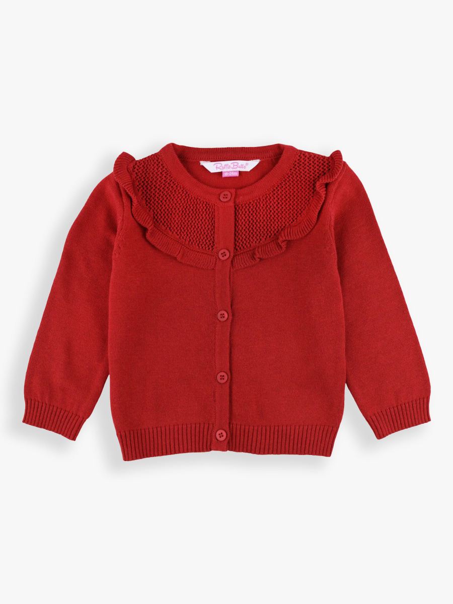 Classic Red Sweater Knit Ruffle Trim Cardigan