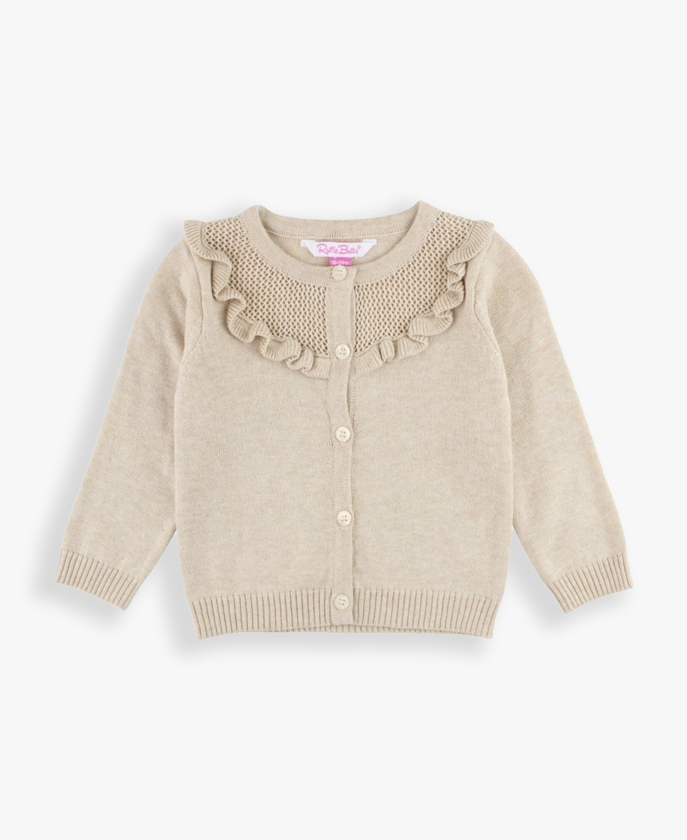 Heather Oatmeal Sweater Knit Ruffle Trim Cardigan