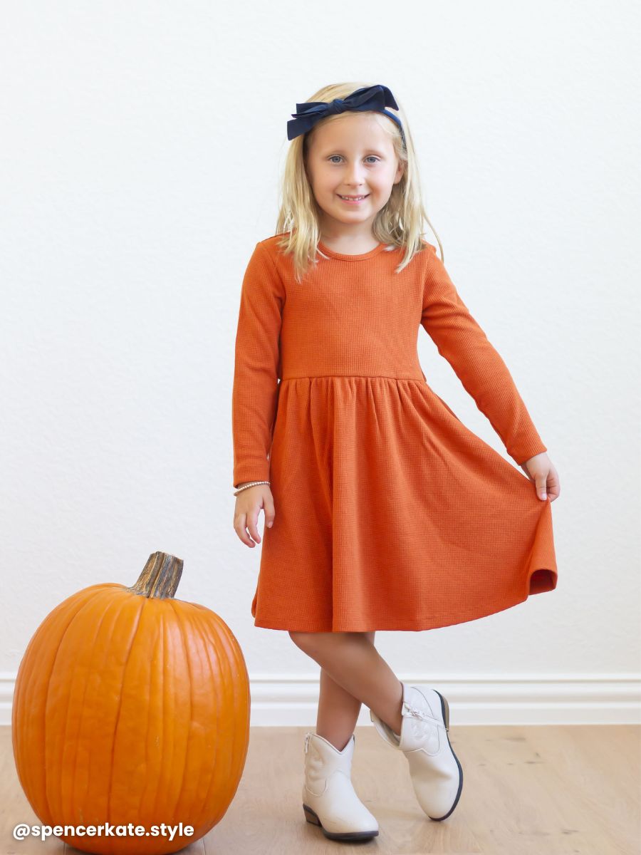 Rust Waffle Knit Long Sleeve Twirl Dress