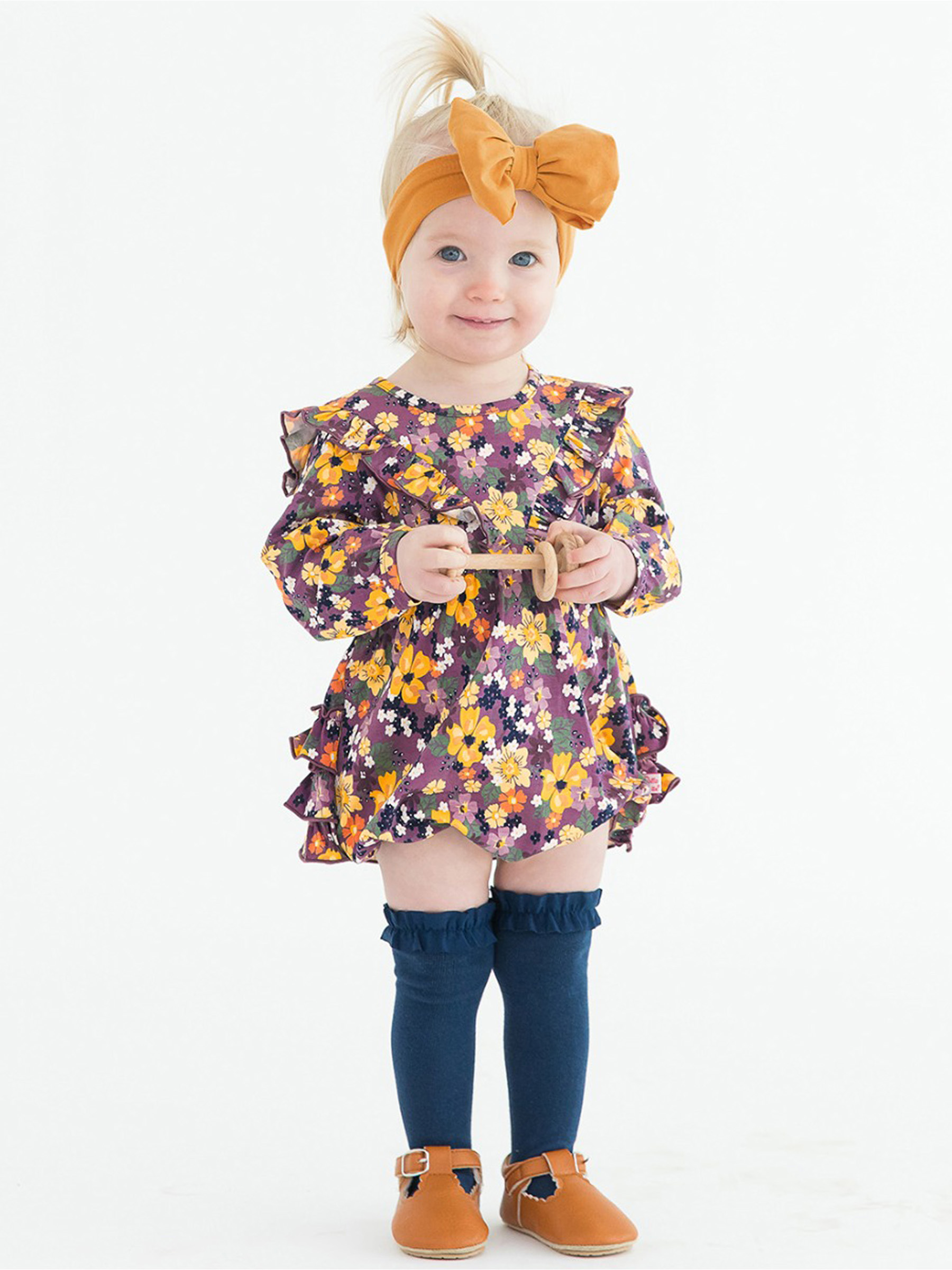Knit Long Sleeve V-Ruffle Bubble Romper | RuffleButts Knit Long Sleeve V-Ruffle Bubble Romper | RuffleButts