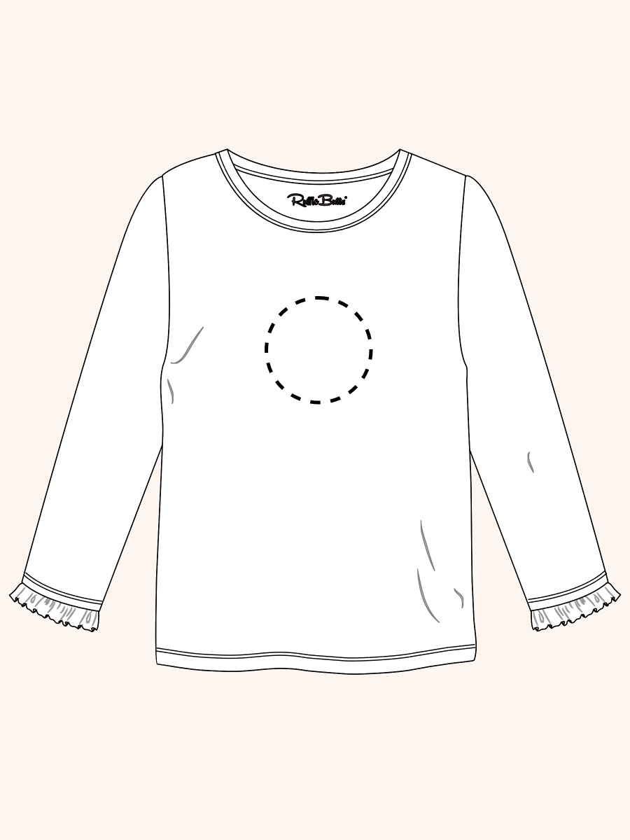 Line drawing of Plum Tart Knit Long Sleeve Ruffle Layering Tee. A dotted circle indicates the approximate location for personalization.