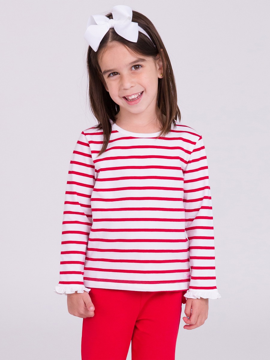 Red & White Stripe Knit Long Sleeve Ruffle Layering Tee