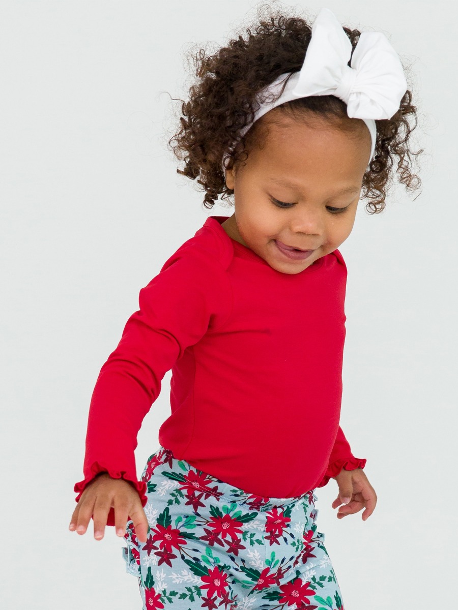 Red Knit Long Sleeve Ruffle Layering Bodysuit