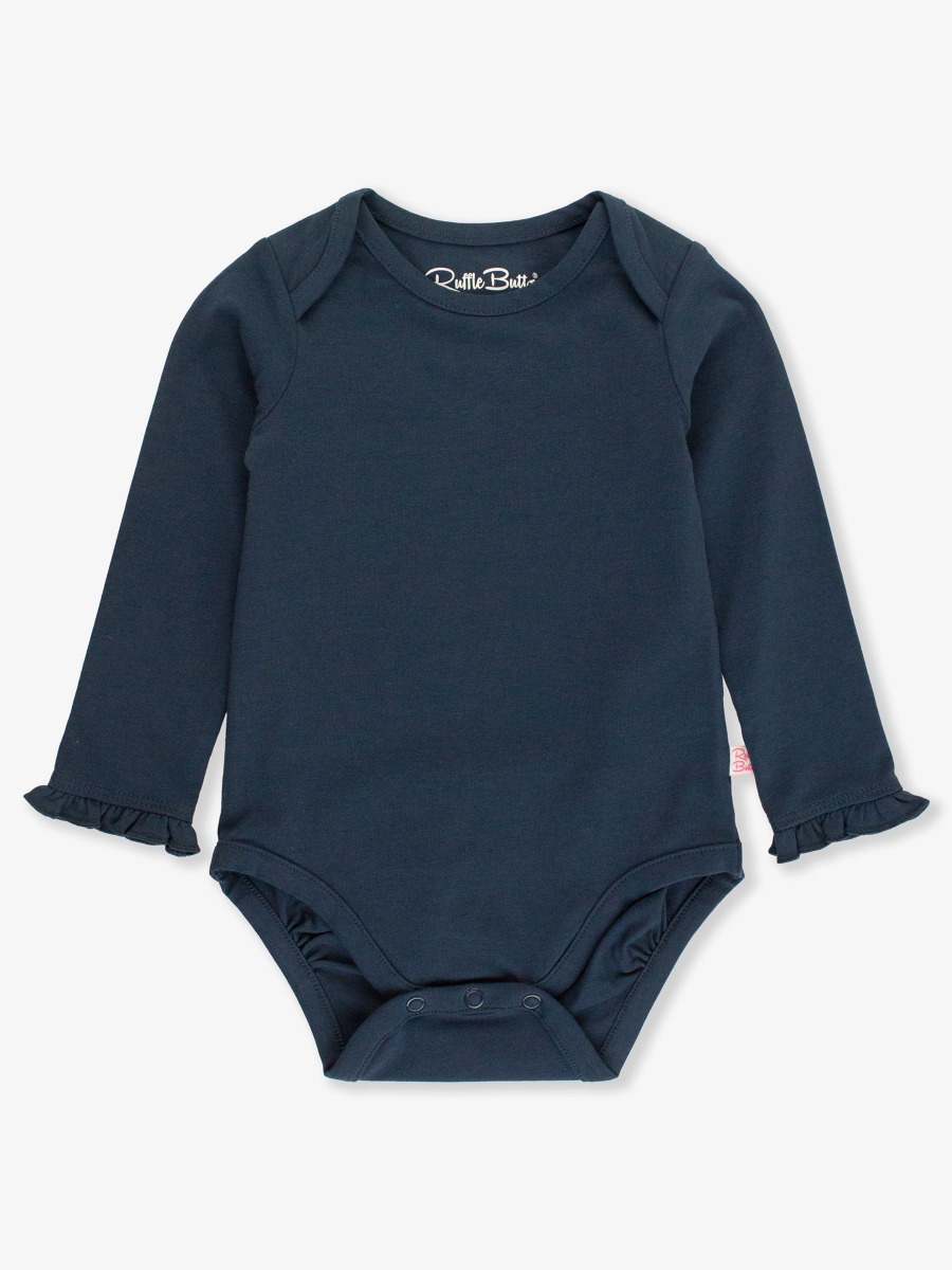 Dark Navy Knit Long Sleeve Ruffle Layering Bodysuit - 3-6m
