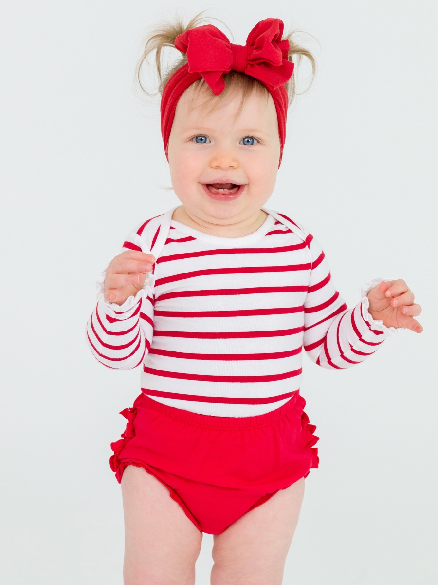 Red & White Stripe Knit Long Sleeve Ruffle Layering Bodysuit