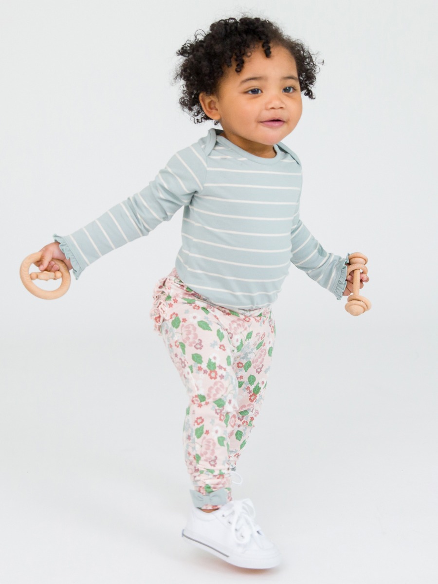Cloud Blue and Ivory Stripe Knit Long Sleeve Ruffle Layering Bodysuit