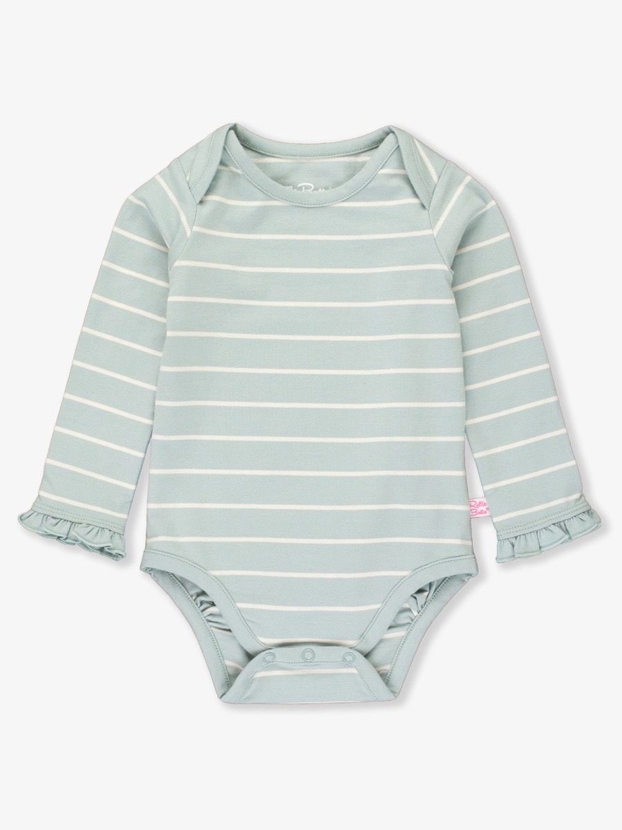 Cloud Blue and Ivory Stripe Knit Long Sleeve Ruffle Layering Bodysuit