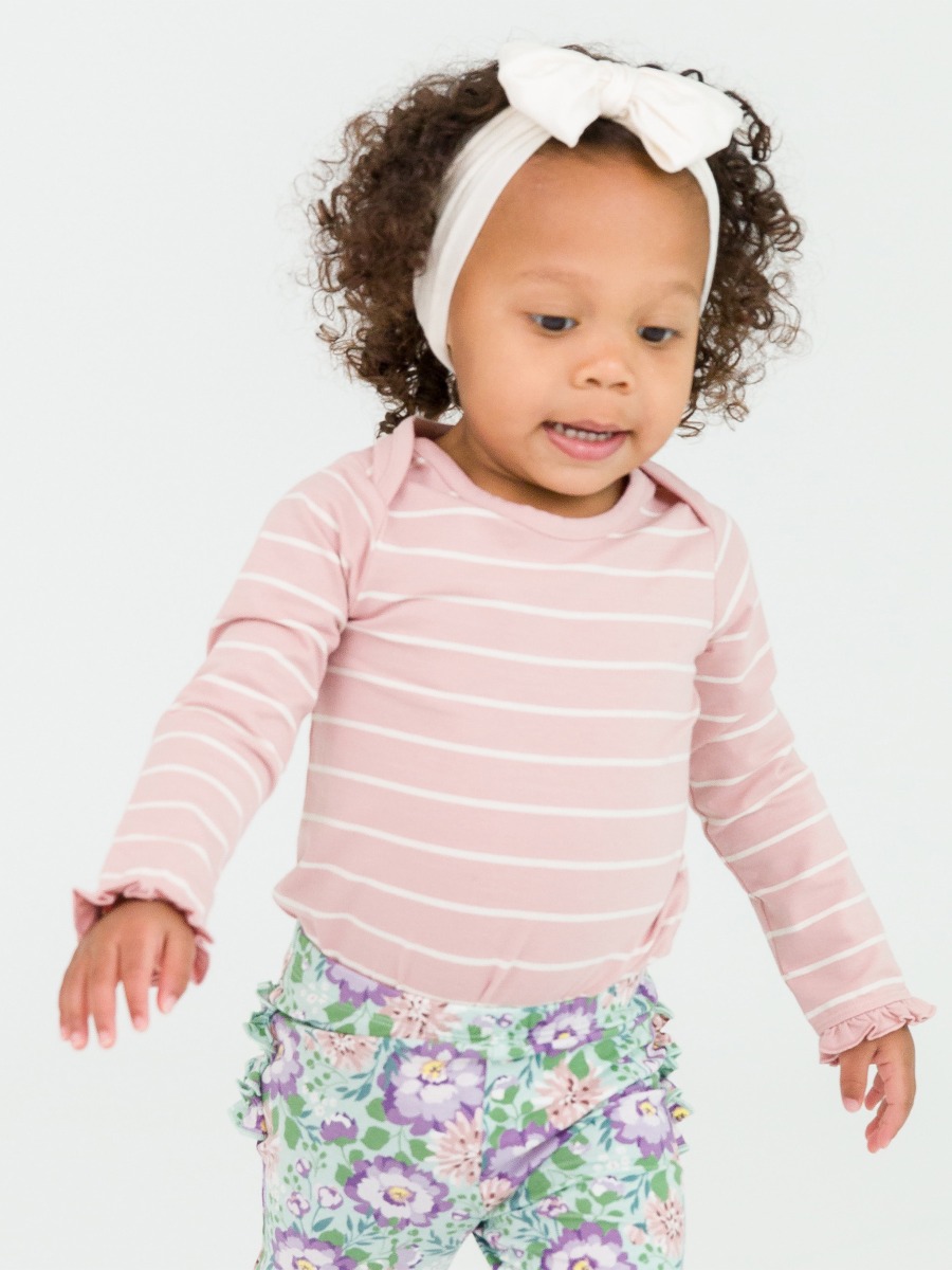 Soft Mauve and Ivory Stripe Knit Long Sleeve Ruffle Layering Bodysuit