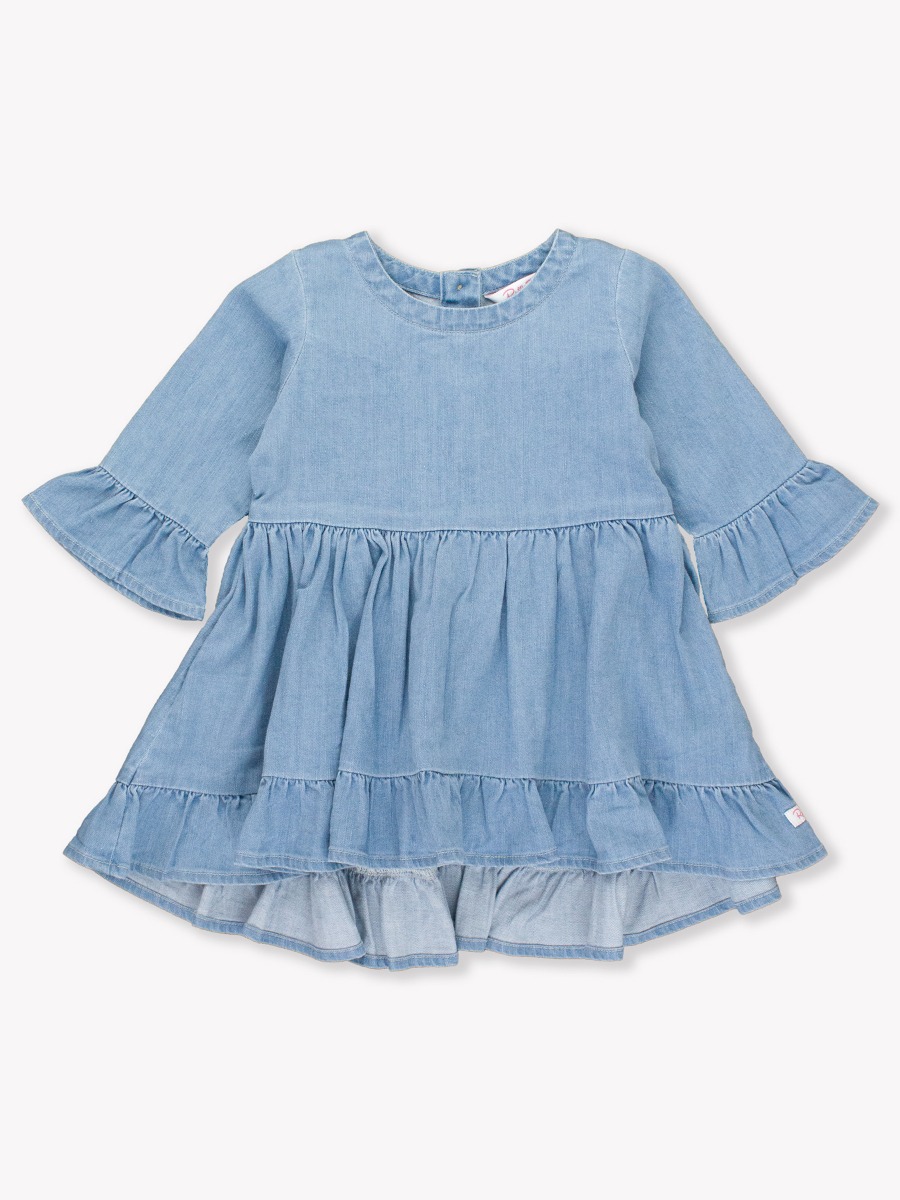 Light Wash Stretch Denim High Low Ruffle Tunic