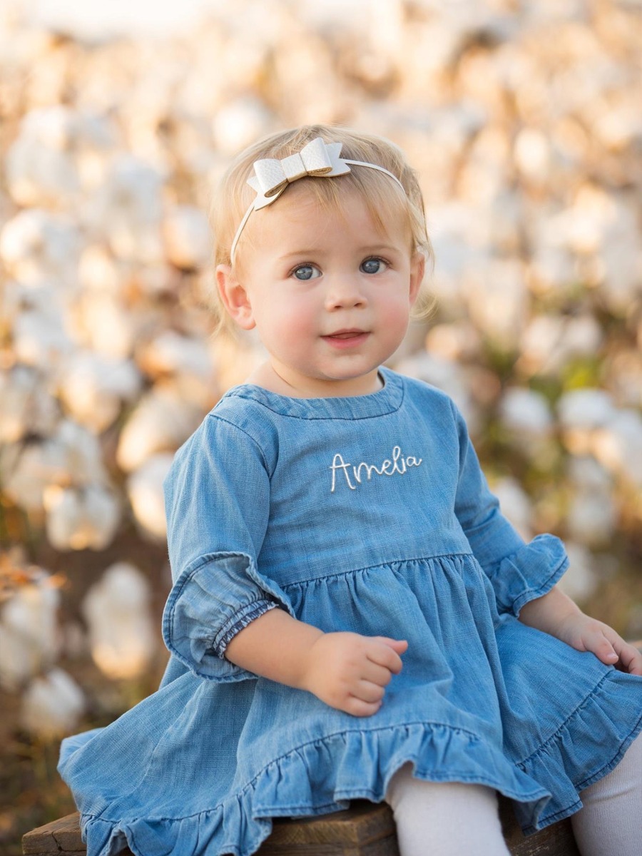 Light Wash Stretch Denim High Low Ruffle Tunic