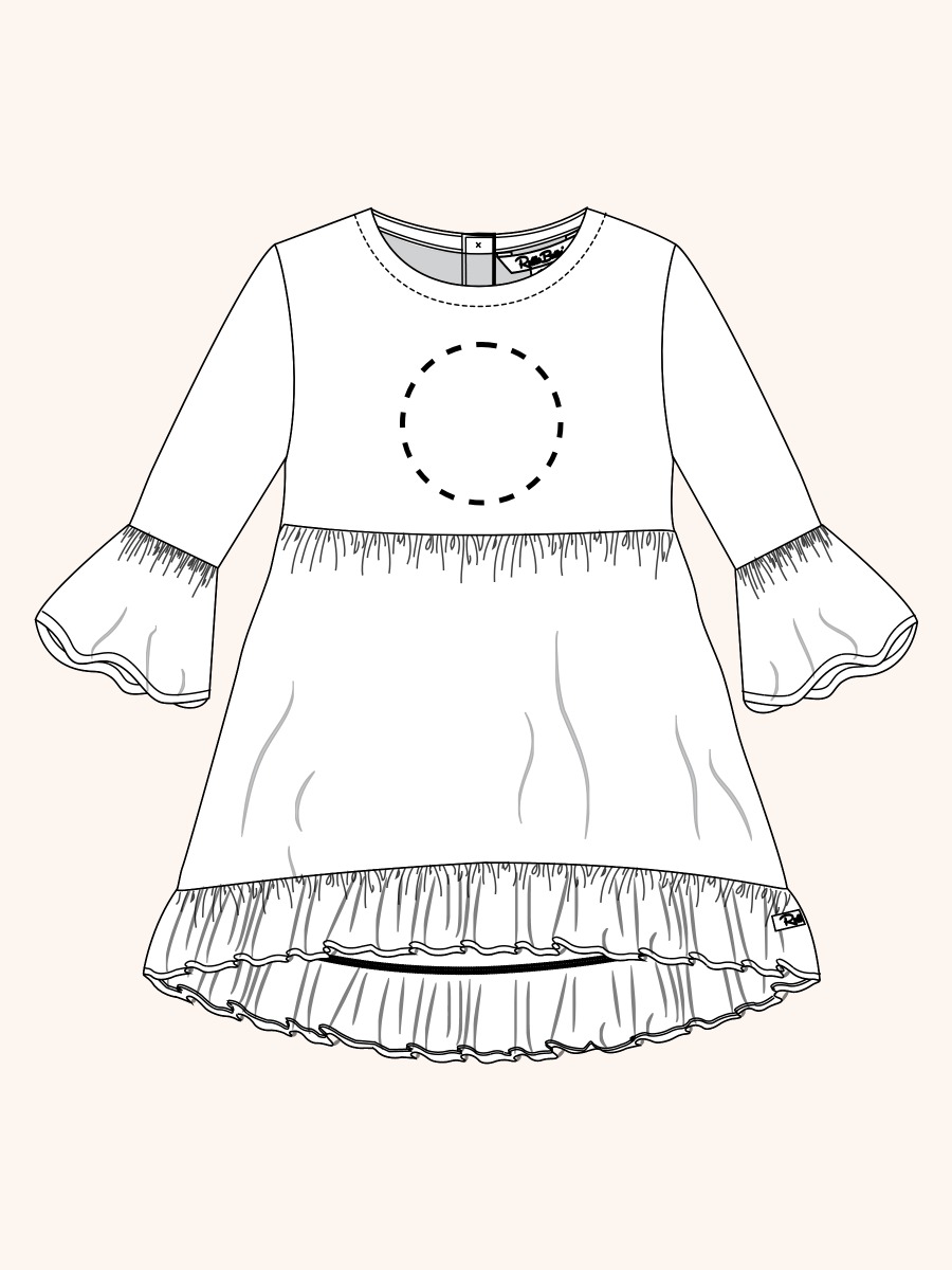 Line drawing of Light Wash Stretch Denim High Low Ruffle Tunic. A dotted circle indicates the approximate location for personalization.