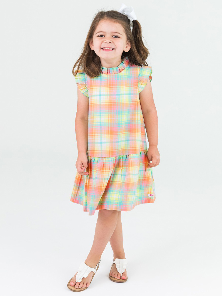 New Rainbow Plaid Mock Neck Sleeveless Flutter Dress
