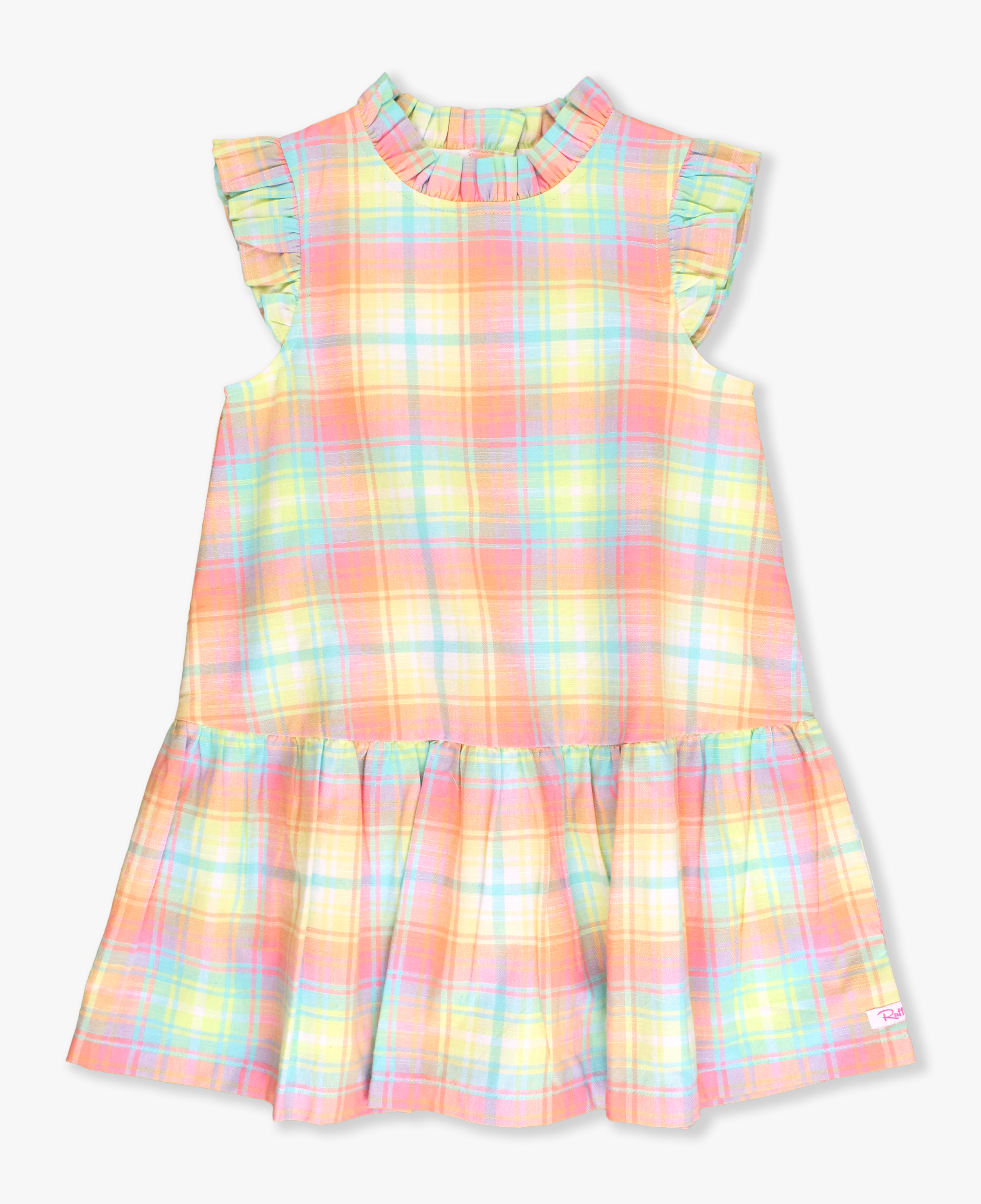 New Rainbow Plaid Mock Neck Sleeveless Flutter Dress