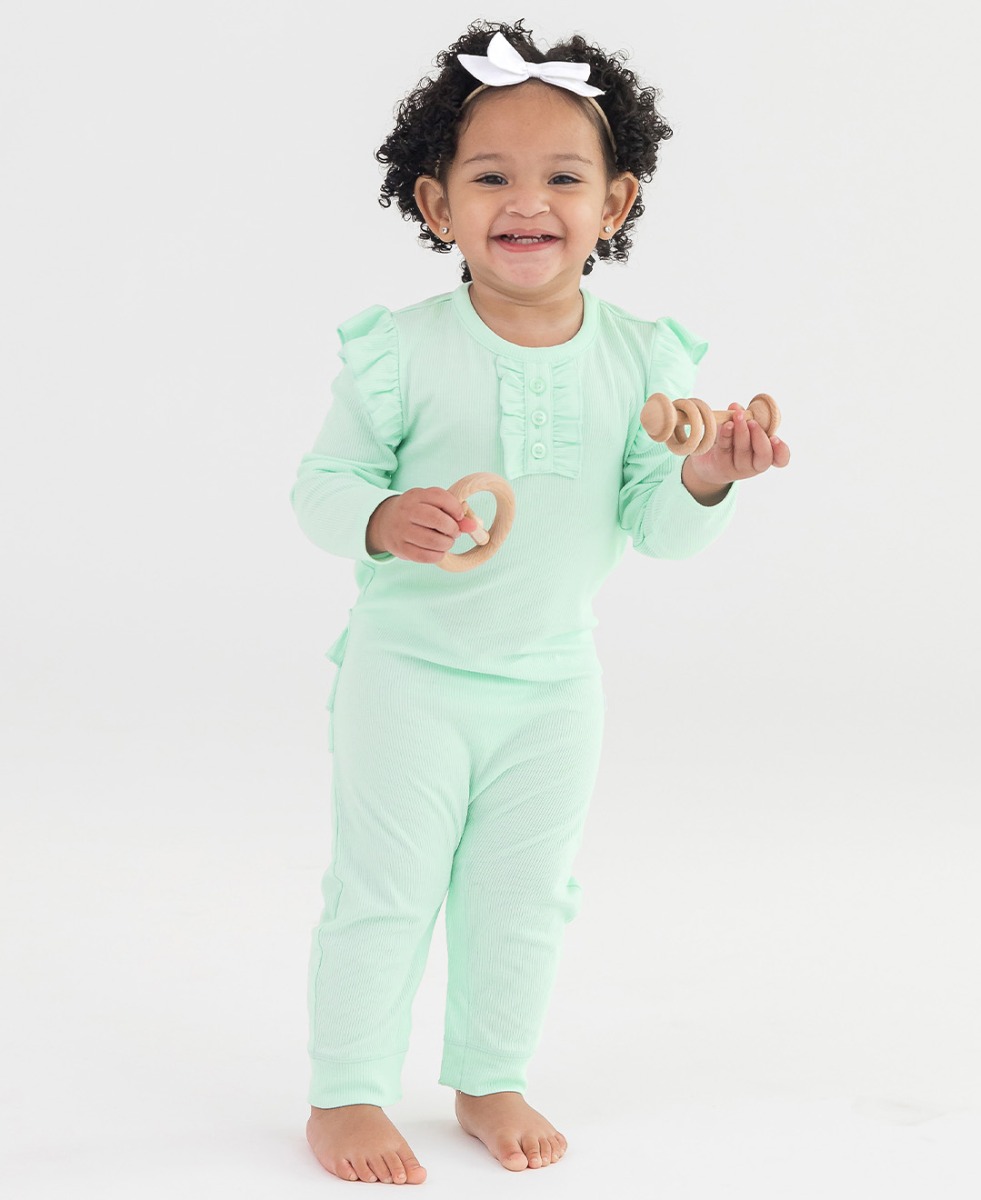 Mint Rib Knit Ruffle Henley Jumpsuit