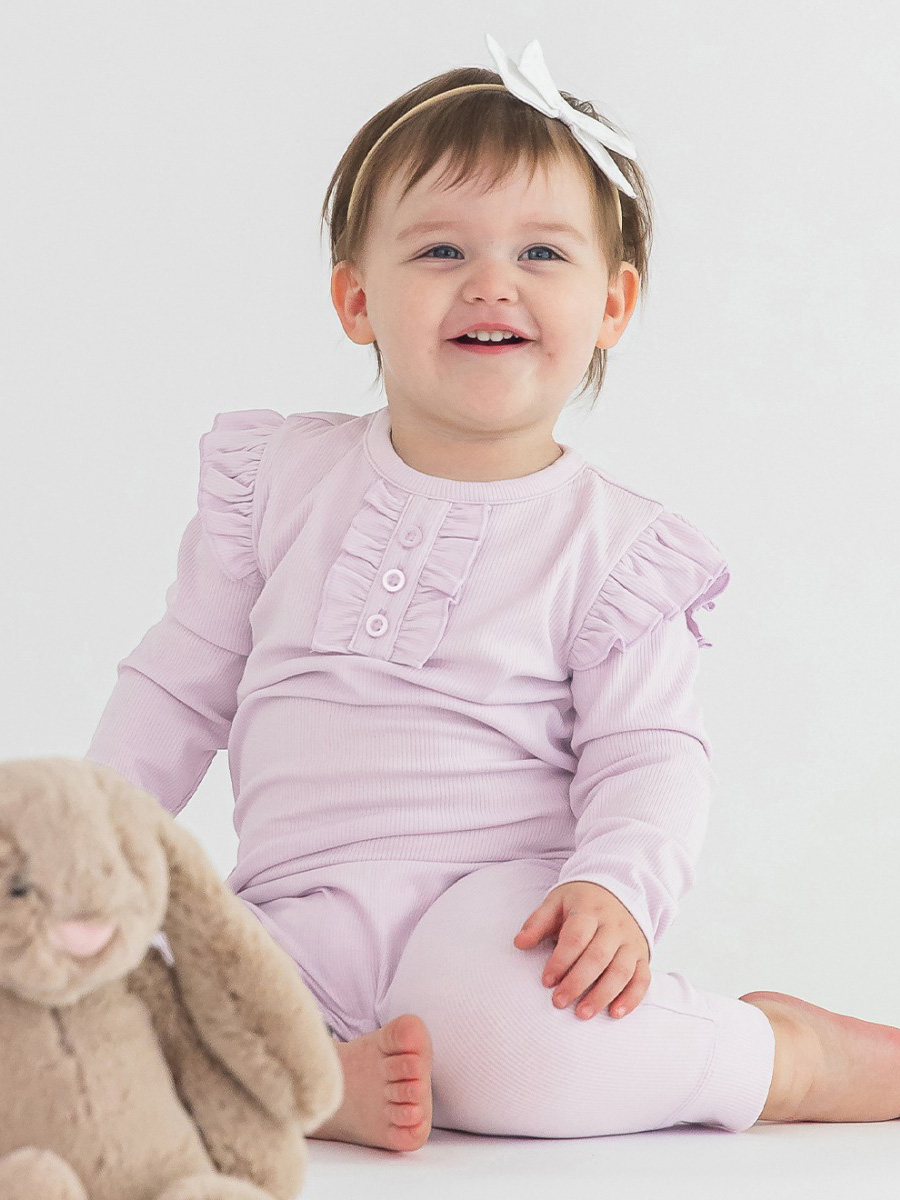 Lavender Fog Rib Knit Ruffle Henley Jumpsuit