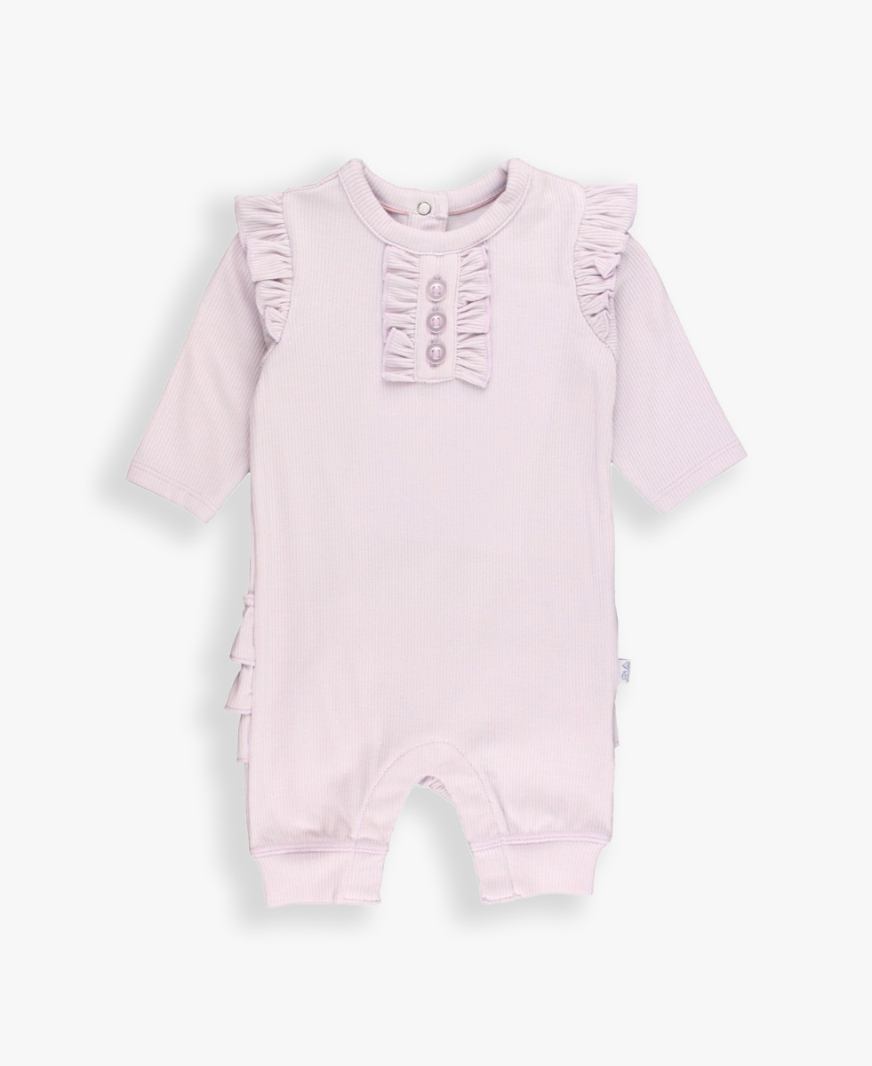 Lavender Fog Rib Knit Ruffle Henley Jumpsuit