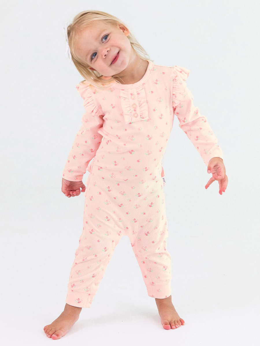 Sweet Rose Rib Knit Ruffle Henley Jumpsuit