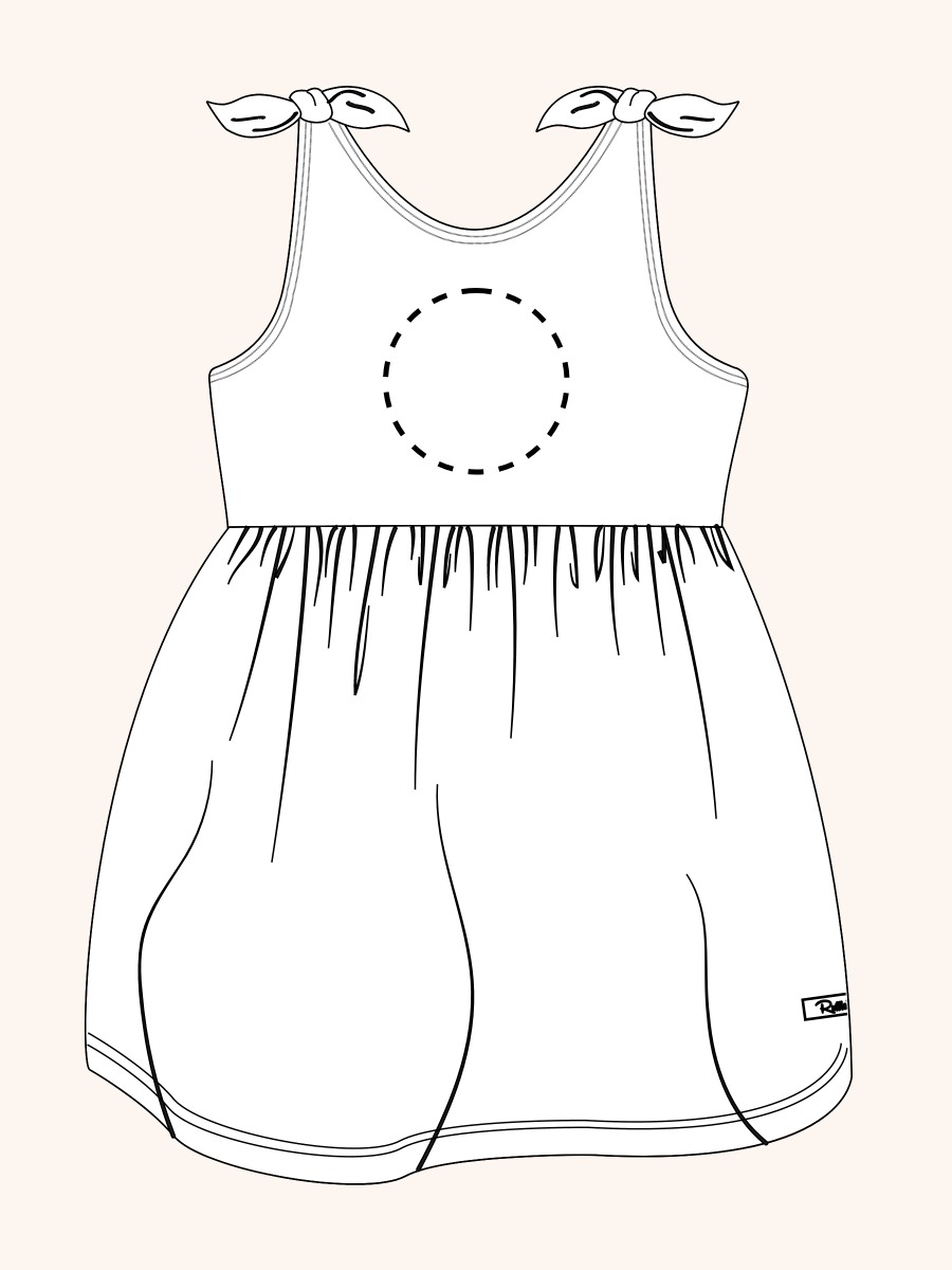 Line drawing of a swimsuit. A dotted circle is placed on the front center of the swimsuit's chest area, indicating the approximate location for personalization.