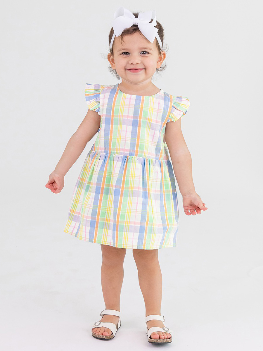 Clubhouse Rainbow Plaid Flutter Sleeve Skirted Romper