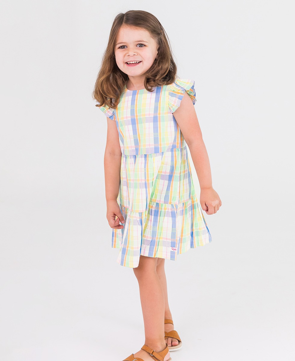 Clubhouse Rainbow Plaid Flutter Sleeve Tiered Dress