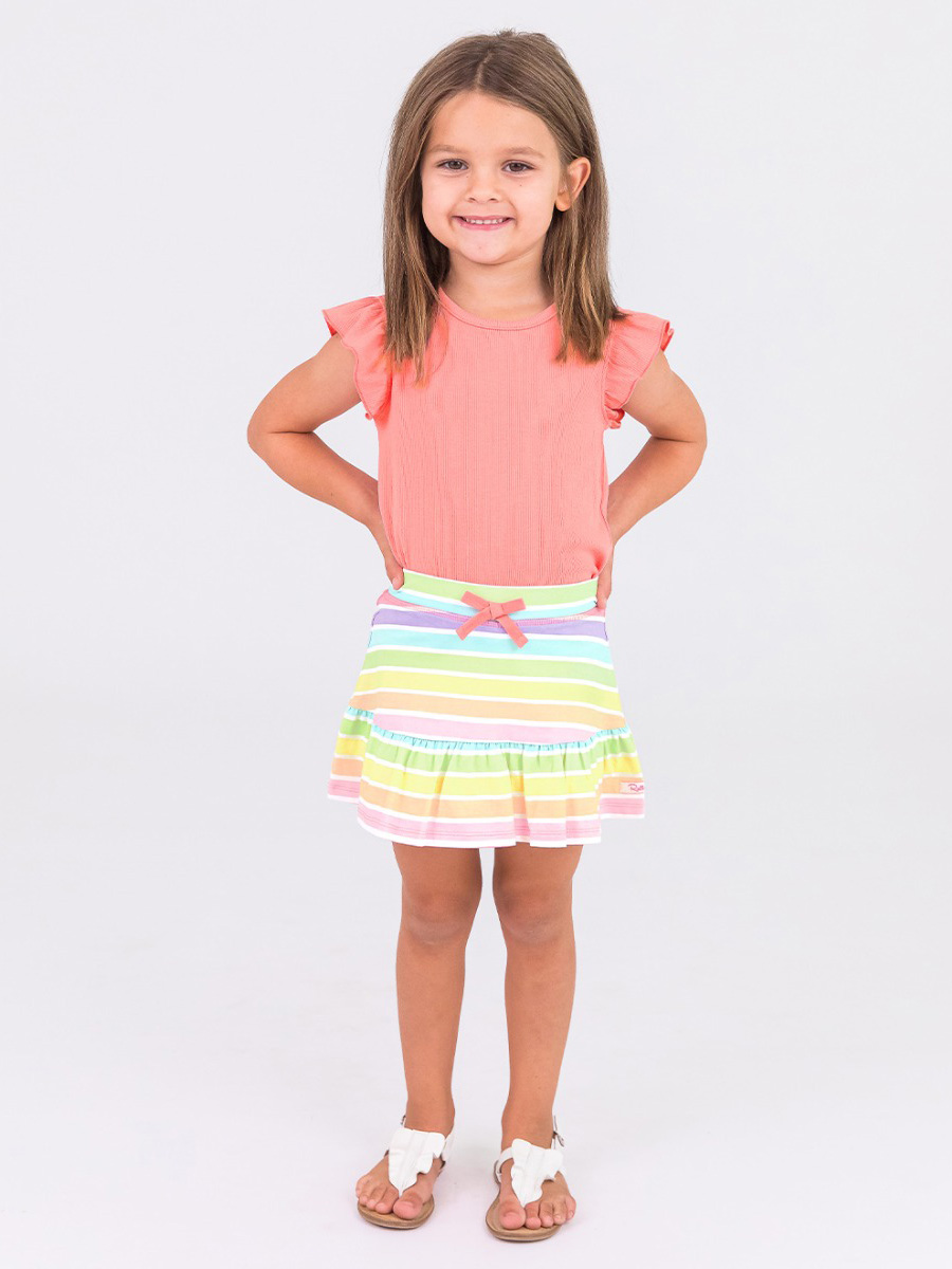 Bubblegum Pink Rib Knit Flutter Top & Rainbow Parade Skort Set