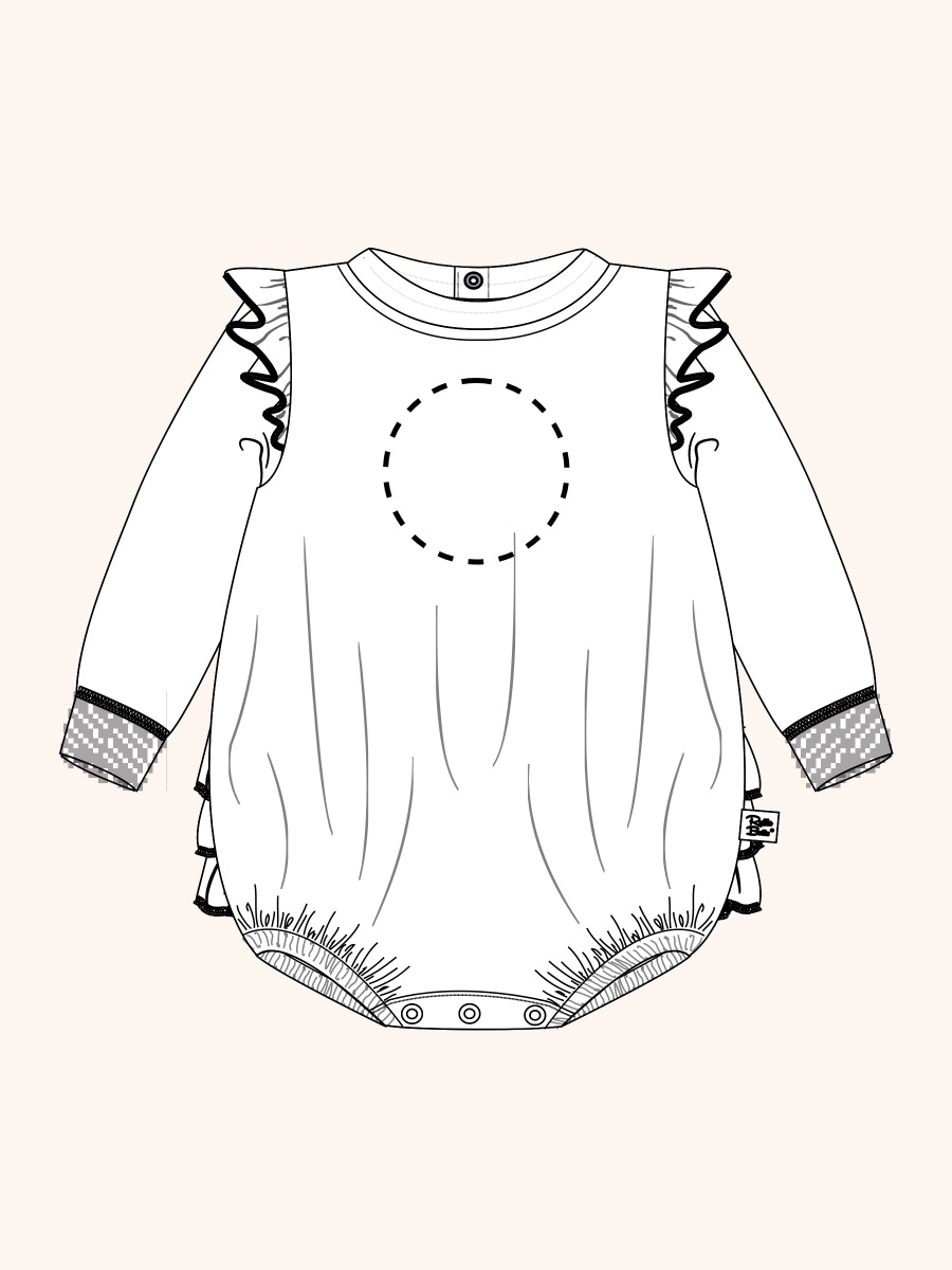 Line drawing of Moonlit Meadow Sweatshirt Bubble Romper. A dotted circle indicates the approximate location for personalization.