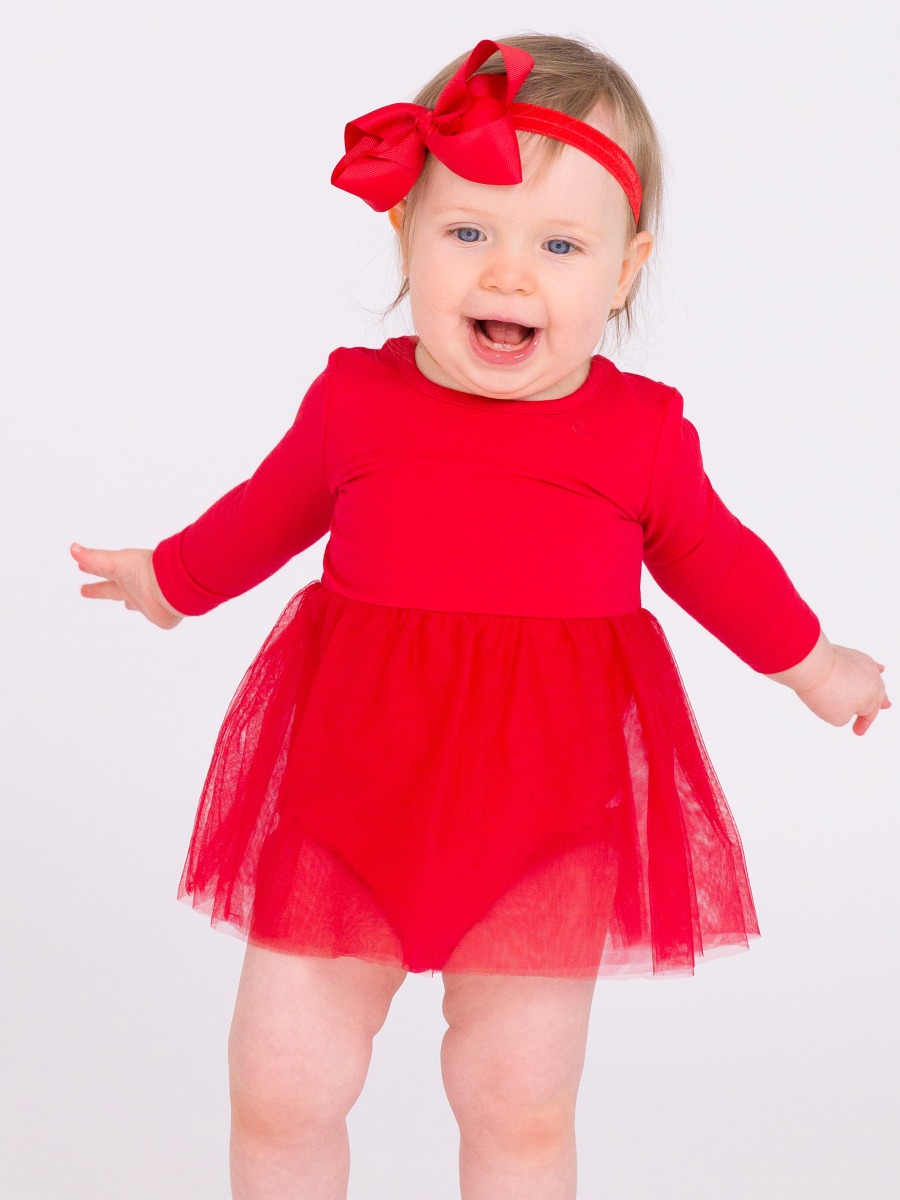 Red Long Sleeve Tulle Skirted Romper