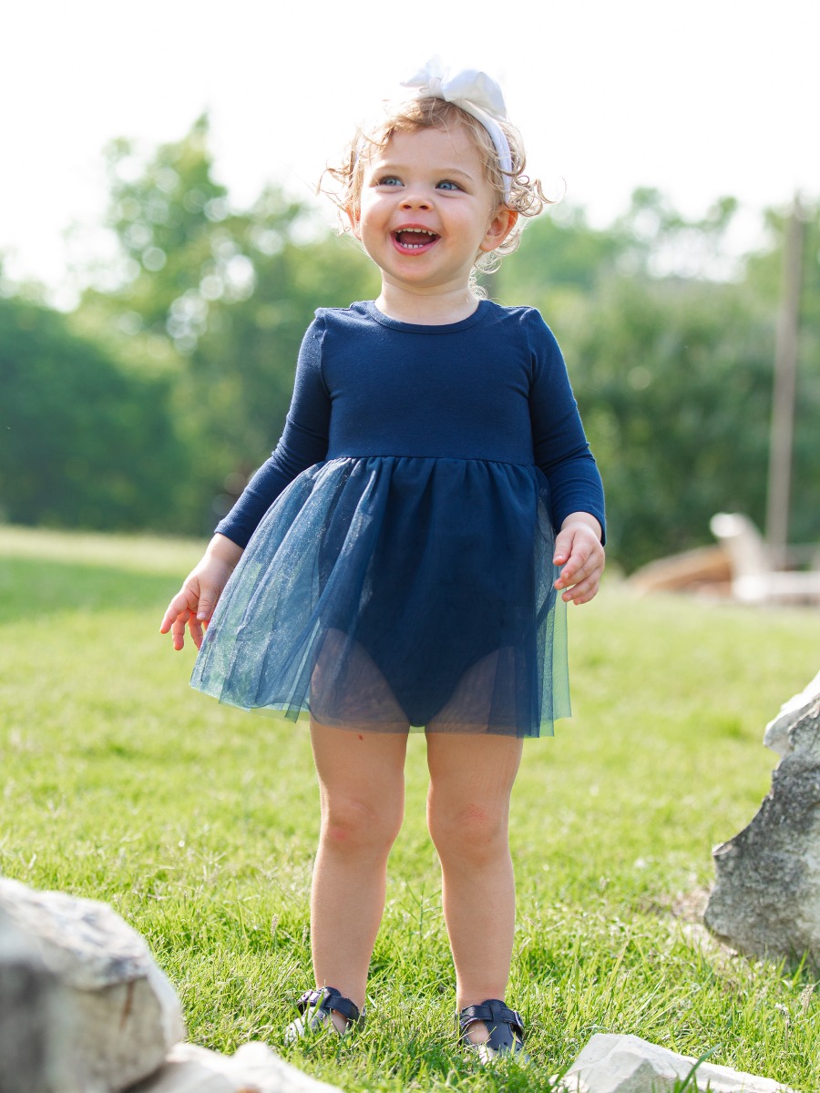 Dark Navy Long Sleeve Tulle Skirted Romper