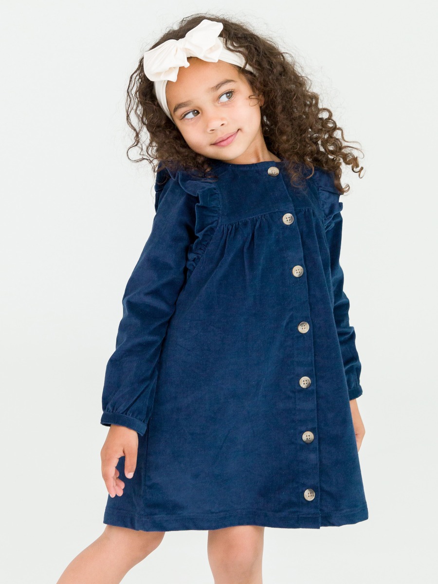 Dark Navy Stretch Corduroy Ruffle Detail Dress