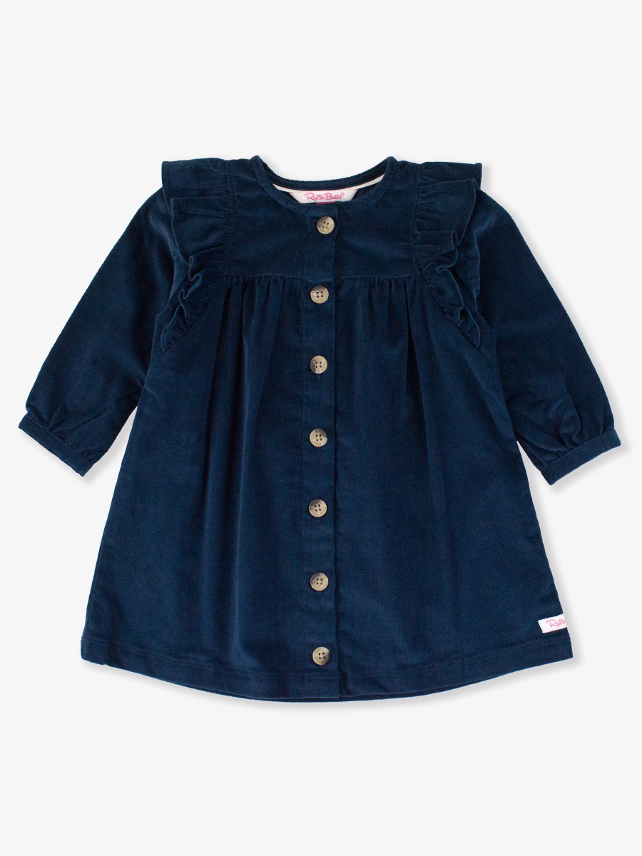 Dark Navy Stretch Corduroy Ruffle Detail Dress