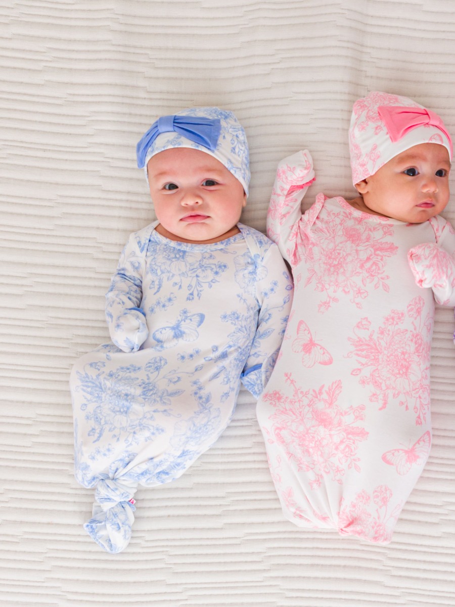 Periwinkle Blue Butterfly Garden Toile Ruffle Knotted Sleep Gown & Hat Set