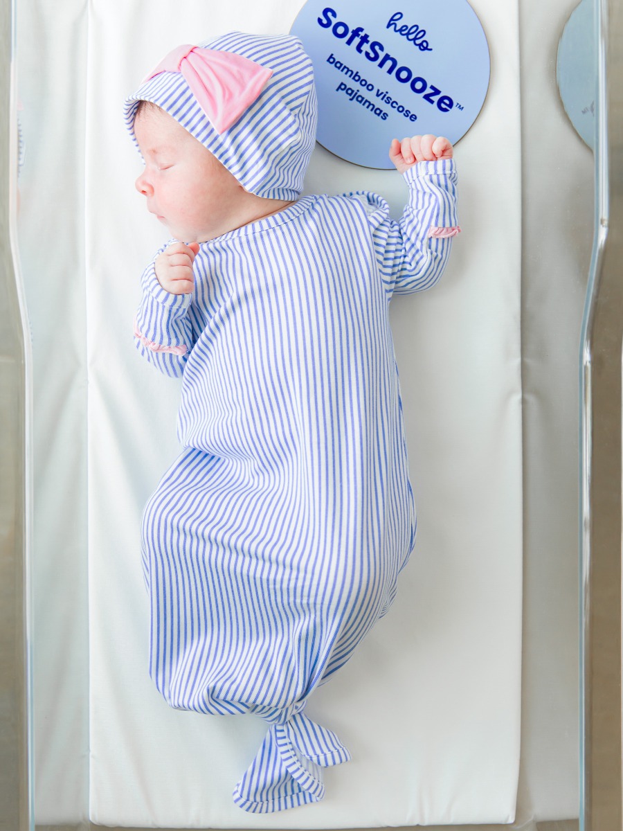 Periwinkle & White Micro Stripe Ruffle Knotted Sleep Gown & Hat Set