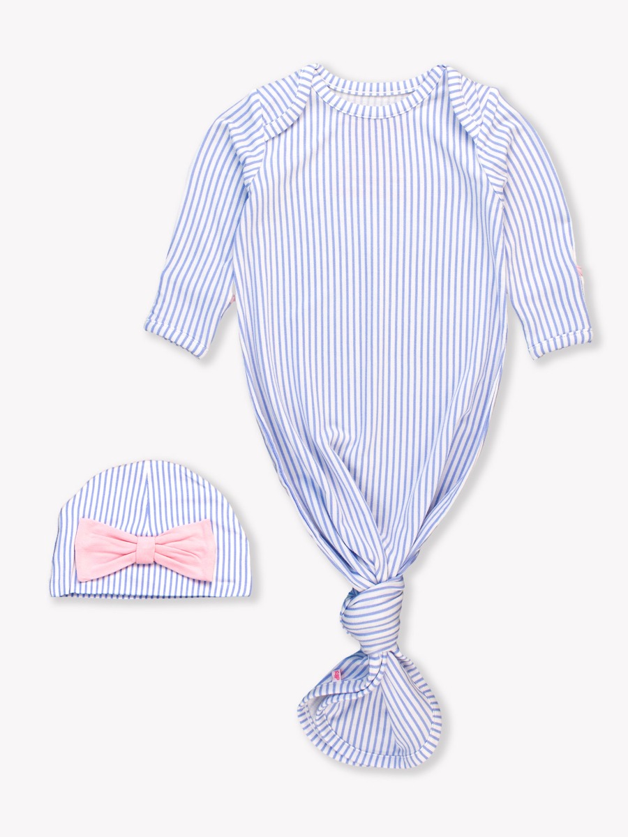 Periwinkle & White Micro Stripe Ruffle Knotted Sleep Gown & Hat Set