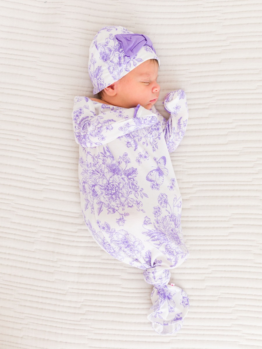 Wisteria Purple Butterfly Garden Toile Ruffle Knotted Sleep Gown & Hat Set