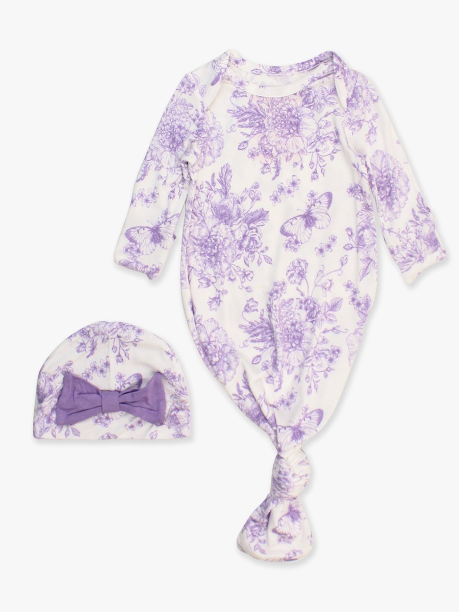 Wisteria Purple Butterfly Garden Toile Ruffle Knotted Sleep Gown & Hat Set