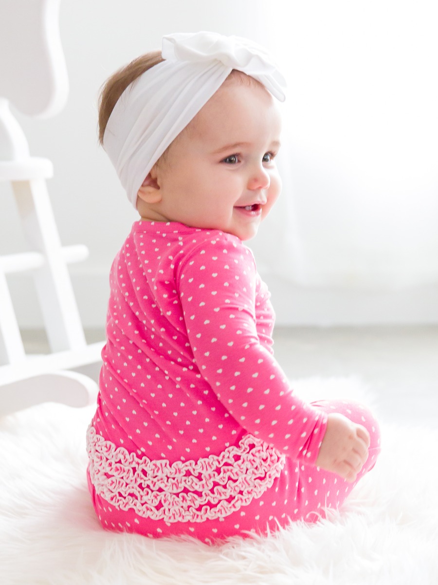 Hot Pink Heart Ruffle One Piece Footie Pajamas