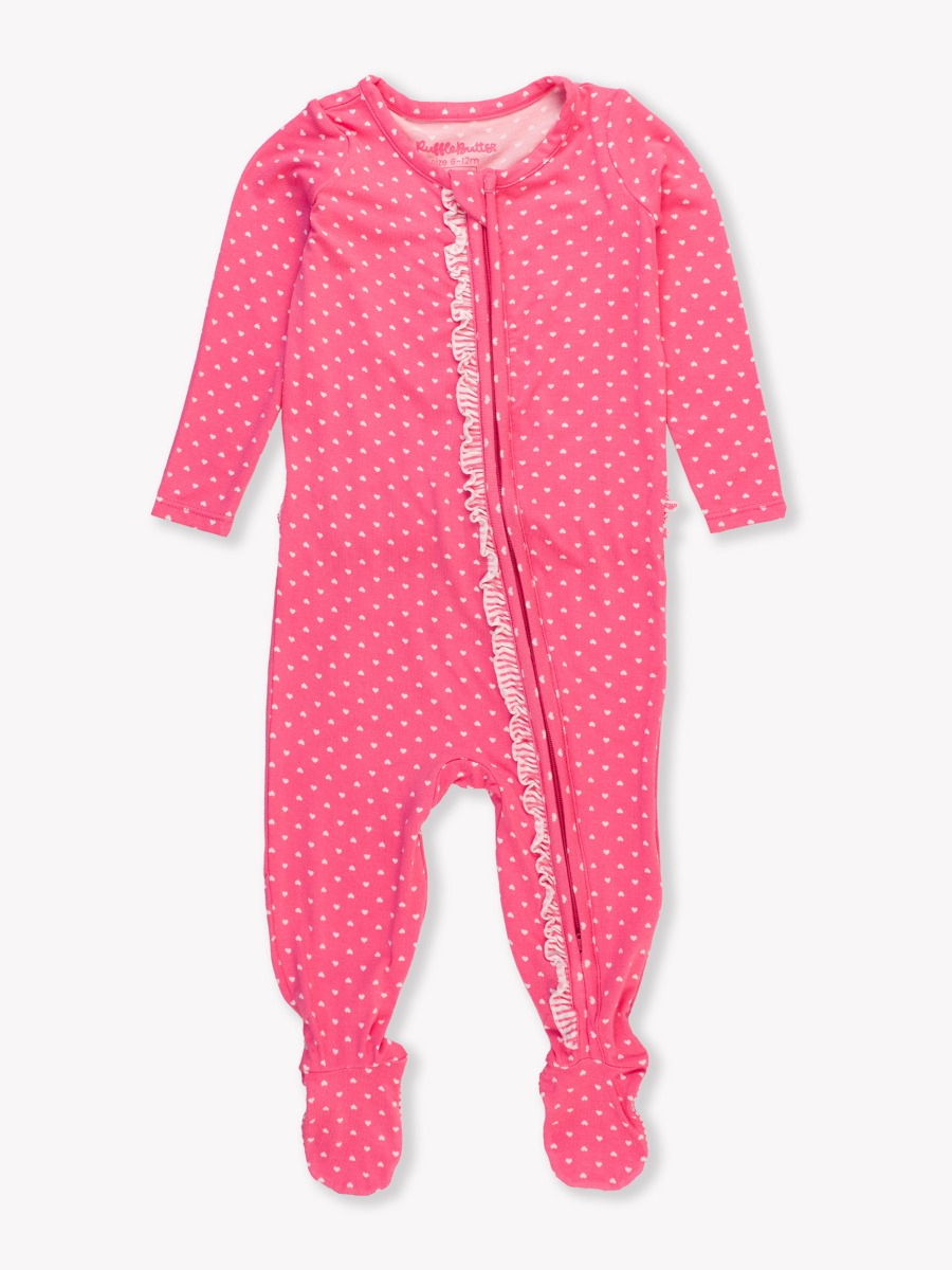 Hot Pink Heart Ruffle One Piece Footie Pajamas