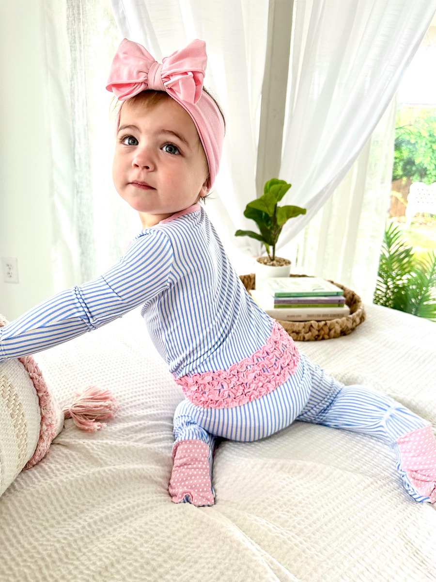 Periwinkle & White Micro Stripe Ruffle One Piece Footie Pajamas