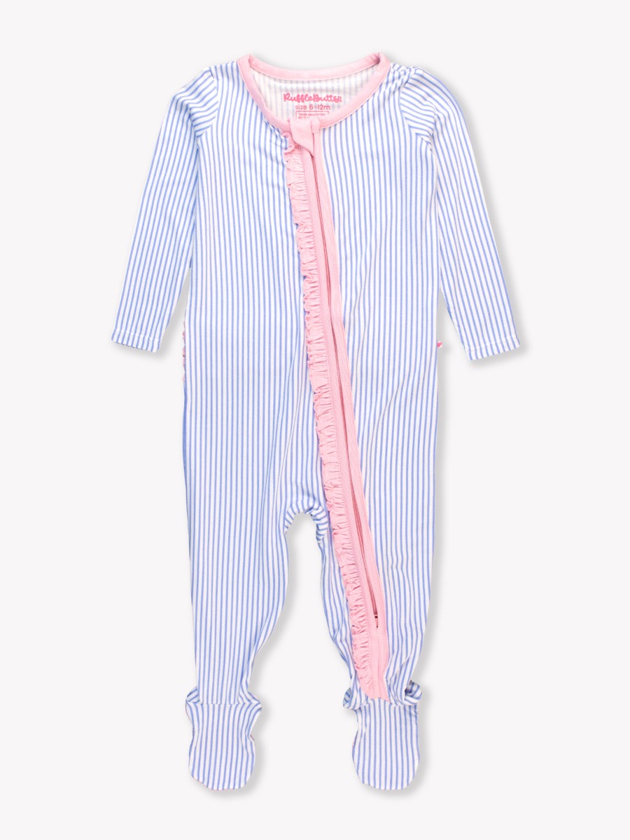 Periwinkle & White Micro Stripe Ruffle One Piece Footie Pajamas