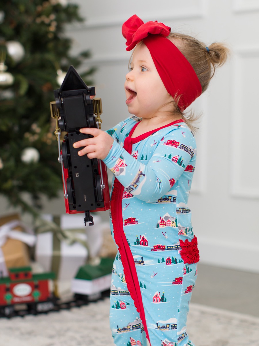All Aboard Ruffle One Piece Footie Pajama, Bamboo Viscose